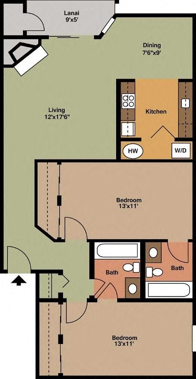 A small two bedroom, two bathroom apartment floor plan at Ladera Apartments in Tukwila, Washington